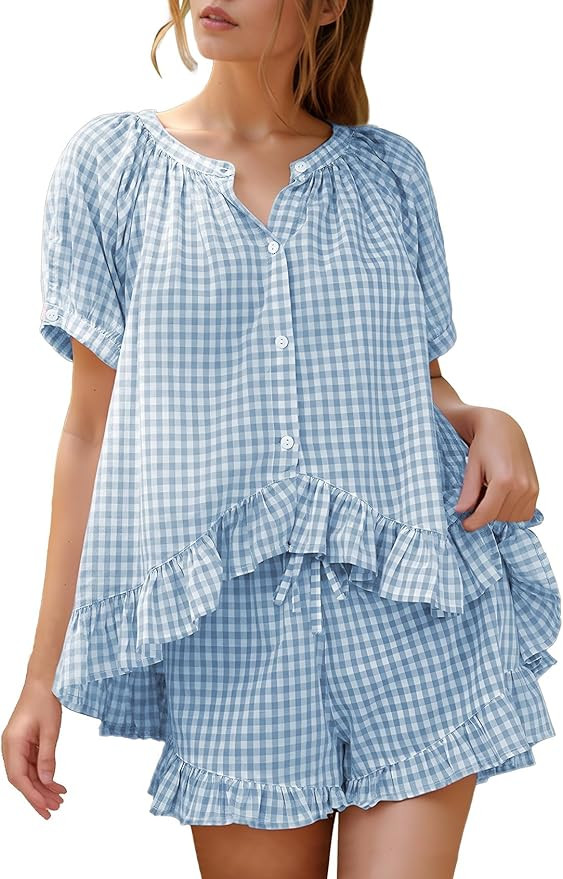 Flygo Womens Gingham Pajamas Set 2 Piece Cotton Pj Lounge Sets Puff Sleeve Ruffle Babydoll Shirt ... | Amazon (US)