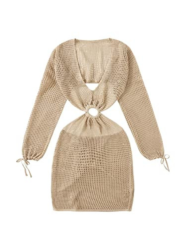 MakeMeChic Women's Plus Size Crochet Cover Up Long Sleeve Knitted Swim Beach Cover Up Dress Swimwear Plus Apricot 2XL | Amazon (US)