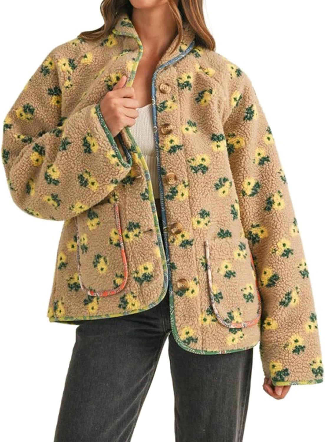 Dqbeng Womens Floral Sherpa Fleece Jacket Long Sleeve Button Up Oversized Casual Teddy Coats Outerwear with Pockets | Amazon (US)