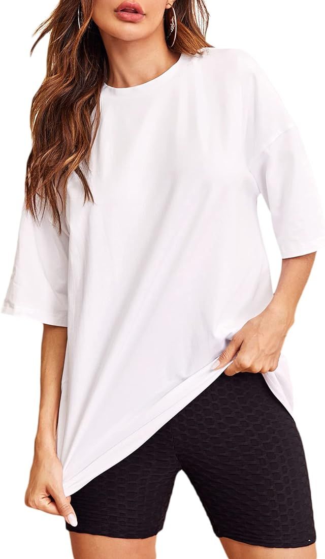 Women's Casual Basic Round Neck Half Sleeve Oversized Tunic Tee Shirt | Amazon (US)
