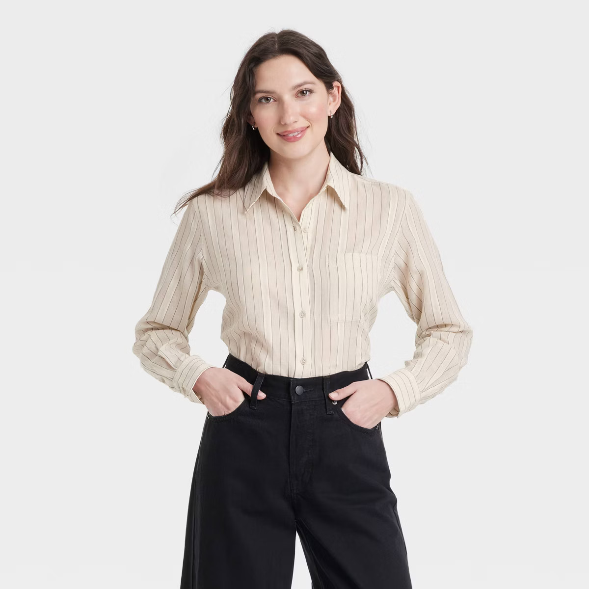 Women's Long Sleeve Collared Button-Down Shirt - Universal Thread™ Black/Cream Striped 4X | Target