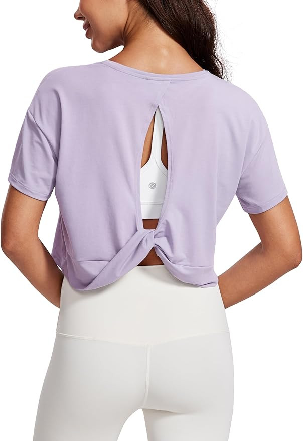 CRZ YOGA Open Back Short Sleeve Crop Top for Women Loose Athletic Yoga Workout Tops Casual Croppe... | Amazon (US)