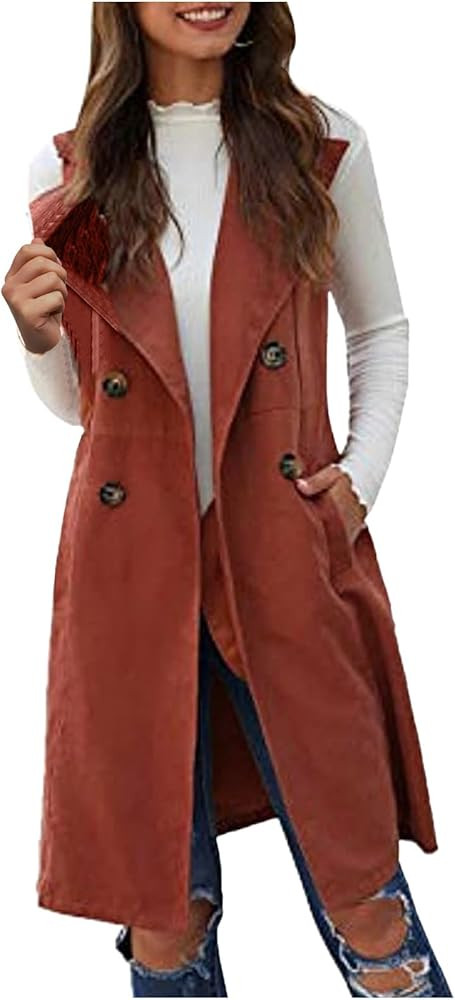 Women's Double Breasted Long Vest Jacket Casual Sleeveless Pocket Lapel Outerwear Longline Dressy... | Amazon (US)