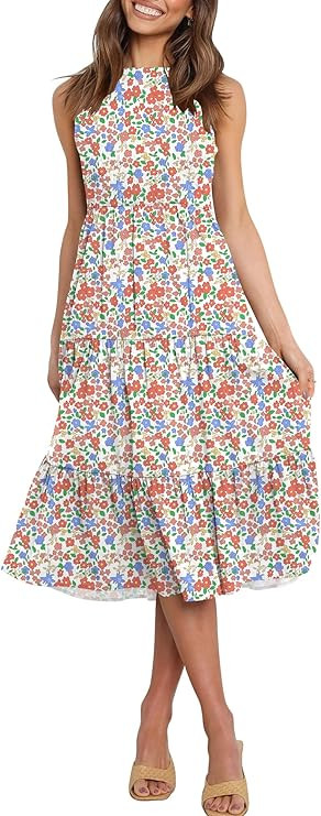 ANRABESS Women's Summer Sleevelesss Smocked Sundress Elastic Waist Tiered Swing A Line Beach Midi... | Amazon (US)