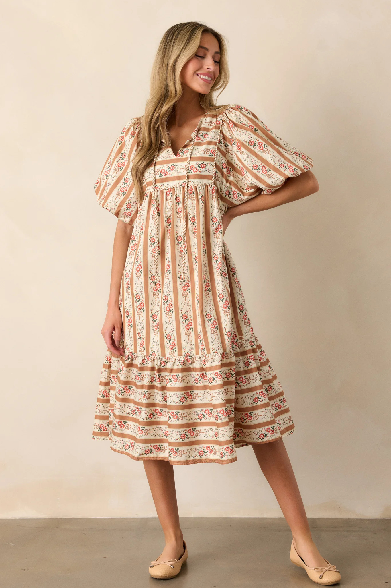 Cool Traces 100% Cotton Camel Puff Sleeve Midi Dress | Red Dress