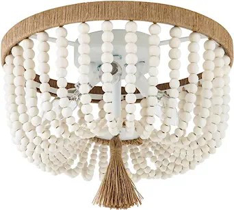 VILUXY Bohemia Wood Beaded Flush Mount Ceiling Light Antique Rustic Mini Chandelier White Finishi... | Amazon (US)