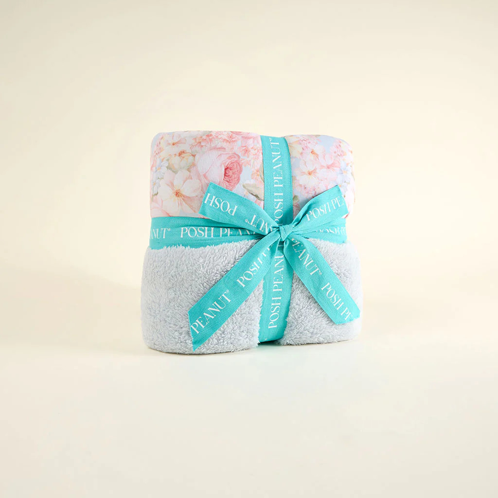 Floral Blue Reversible Rose Dreams Luxe Plush Patoo® Blanket | Posh Peanut® | Posh Peanut
