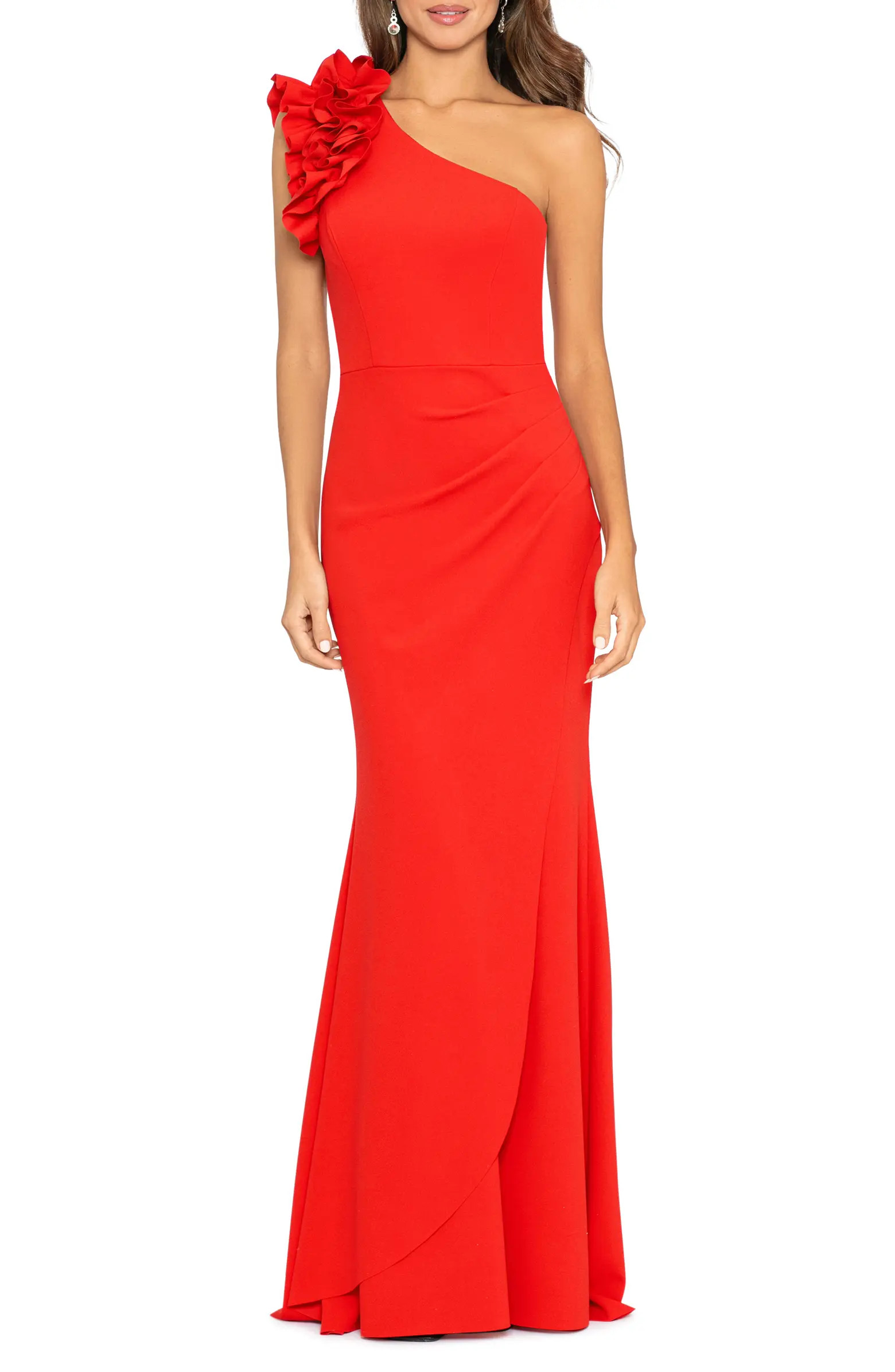 Xscape Evenings Ruffle One-Shoulder Scuba Crepe Gown | Nordstrom | Nordstrom