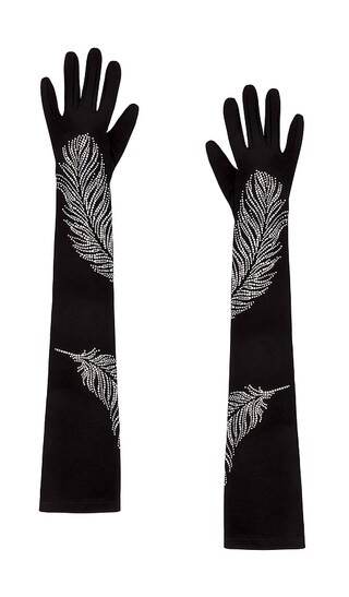 Rhinestone Feather Long Gloves in Black & Silver | Revolve Clothing (Global)