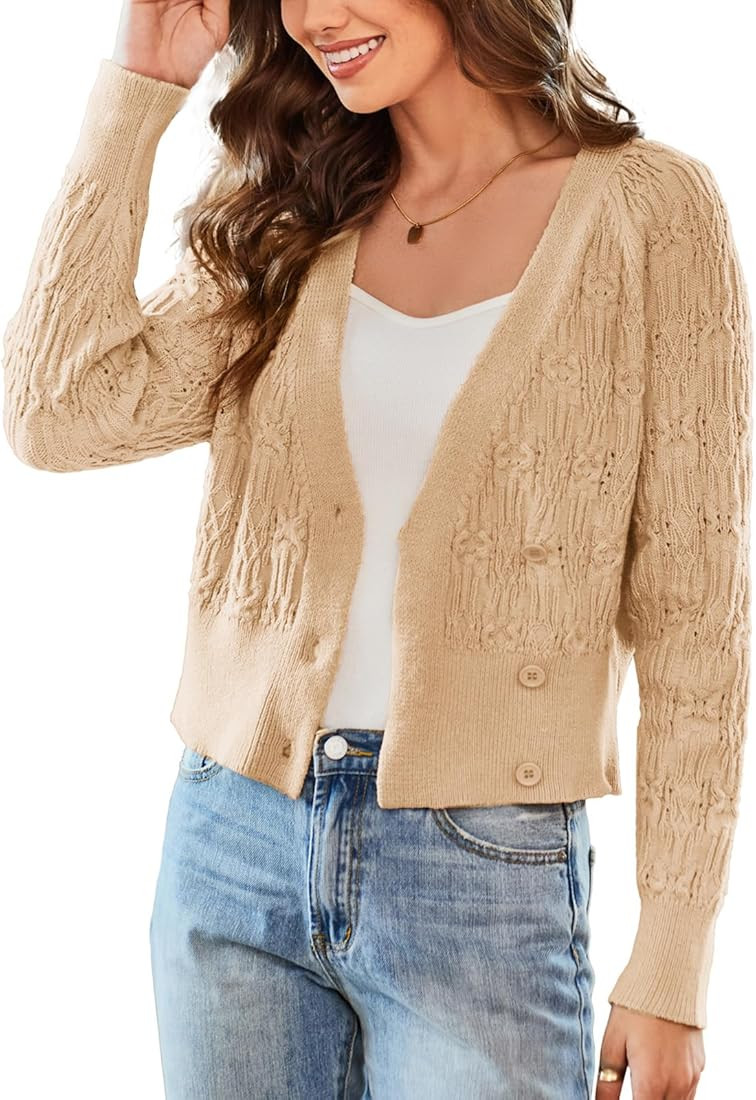GRACE KARIN Cropped Cardigans for Women Long Sleeve V Neck Button Up Knit Cardigan Sweater | Amazon (US)