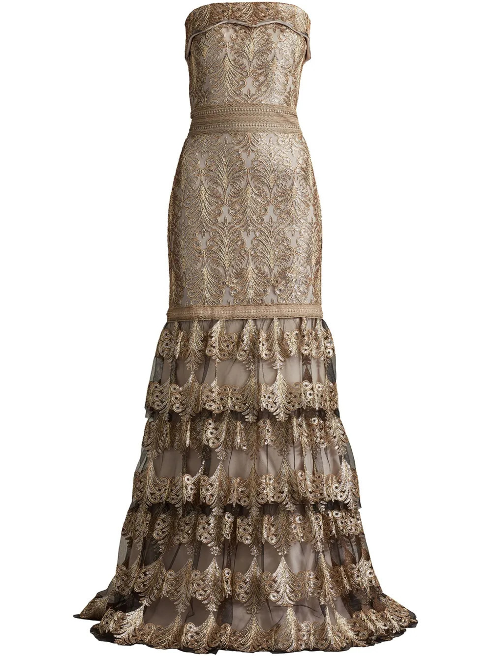 Tadashi Shoji Abey tiered sequin-embroidered gown - Gold | Farfetch Global
