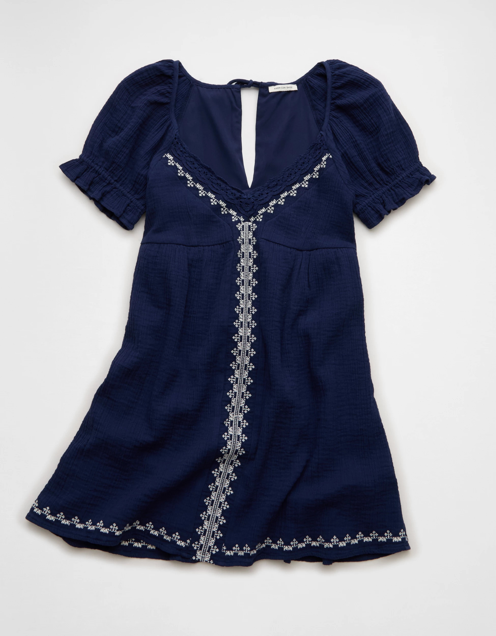 AE Embroidered Puff-Sleeve Babydoll Mini Dress | American Eagle Outfitters (US & CA)