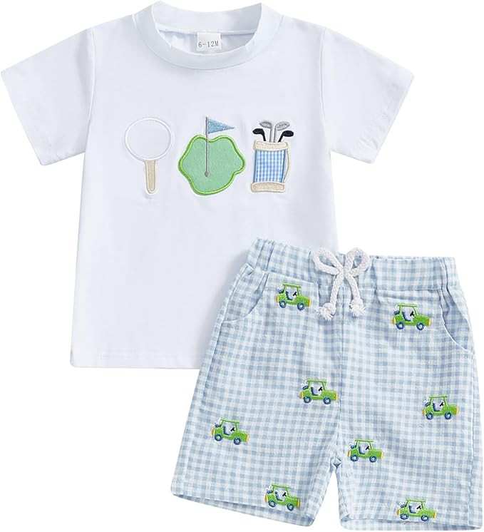 Toddler Baby Boy Golf Outfit Golf Cart Short Sleeve T-shirt Plaid Elastic Waist Shorts Summer Clo... | Amazon (US)