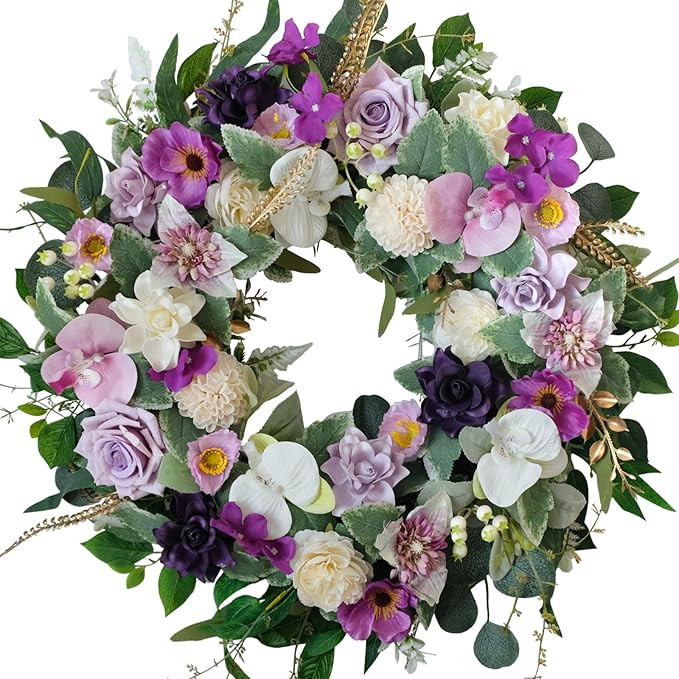 22" Artificial Flower Wreath Spring/Summer Floral Wreaths for Front Door with Roses Orchid Garden... | Amazon (US)