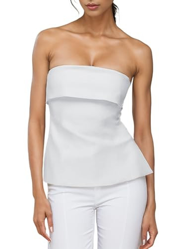 Strapless Tube Tops for Women Backless Going Out Bandeau Top Sexy Trendy Off Shoulder Side Split Summer Bustier Tops White | Amazon (US)