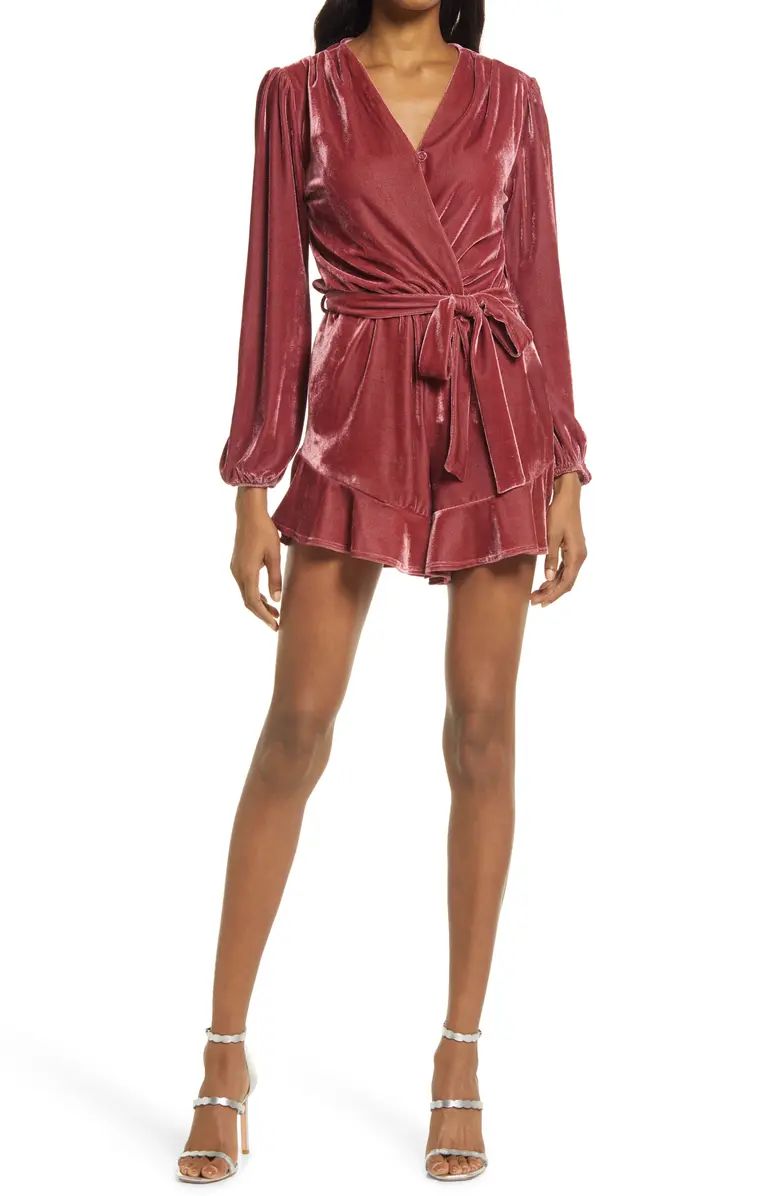 Velvet Ruffle Long Sleeve Tie Waist Romper | Nordstrom | Nordstrom