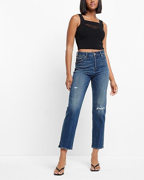 High Waisted Dark Wash Selvedge Straight Ankle Jeans | Express