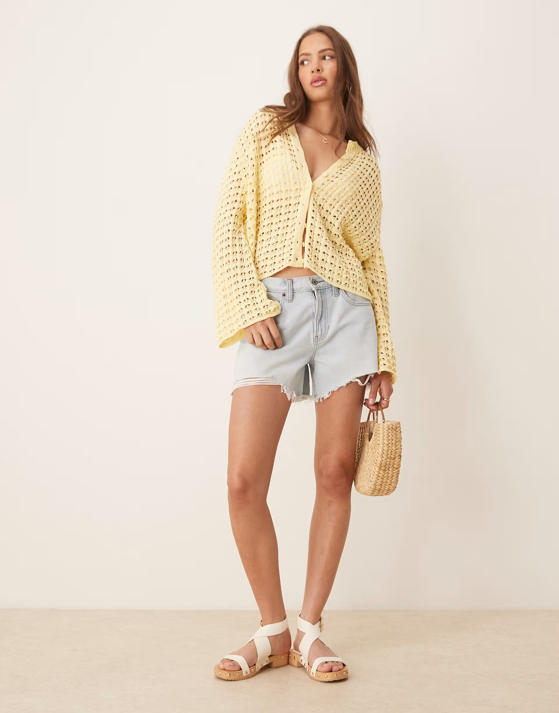 ASOS DESIGN knitted cardigan with angel sleeve in buttermilk yellow | ASOS (Global)