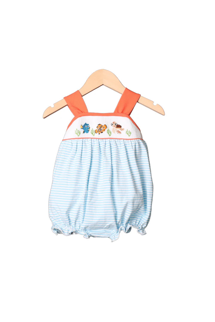 Smocked Sea Friends Blue Stripe/Coral Bow Bubble | The Smocked Flamingo
