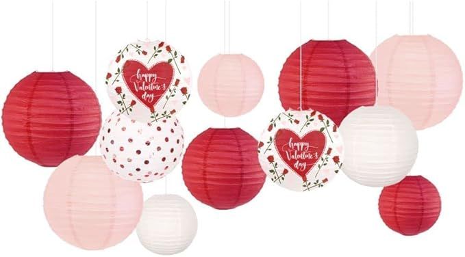 NICROHOME 12PCS Valentines Day Paper Lanterns Decor, Red Pink Round Hanging Paper Lanterns with H... | Amazon (US)