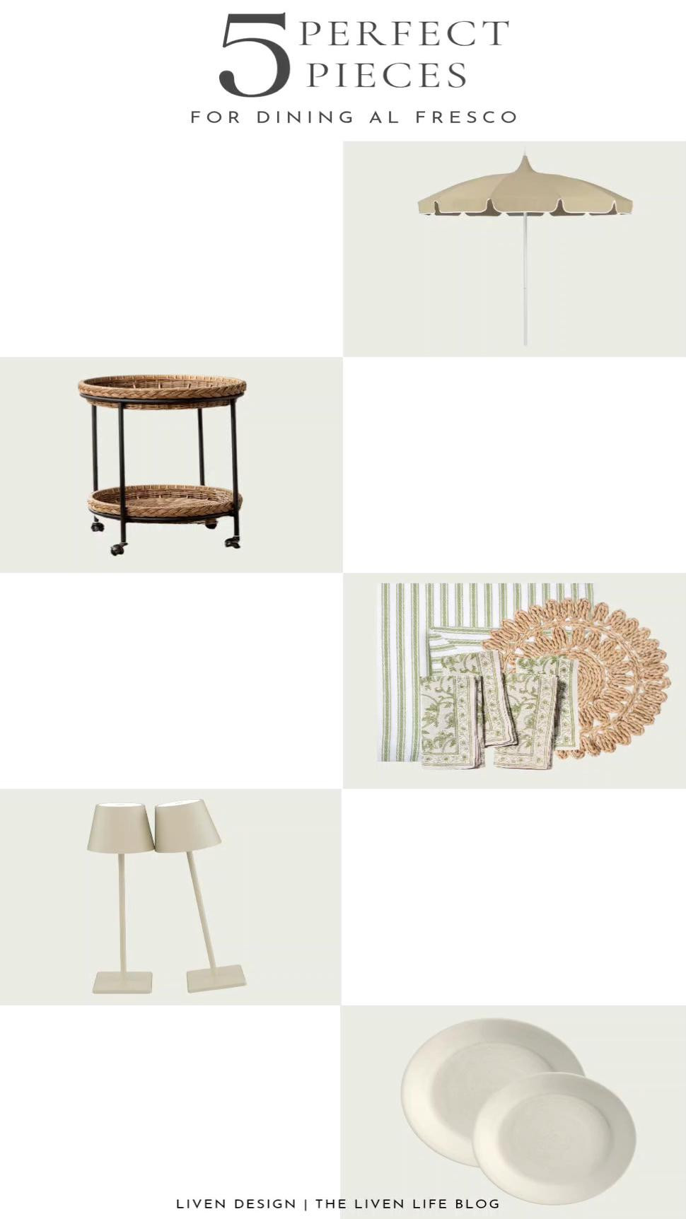 5 perfect pieces for outdoor dining. Melamine plates. Woven placemats. Outdoor bar cart. Outdoor patio umbrella. Block print napkins. Amazon find. Woven bar cart. Entertaining. Scalloped umbrella. Pinstriped tablecloth 

#LTKSeasonal #LTKHome #LTKSaleAlert