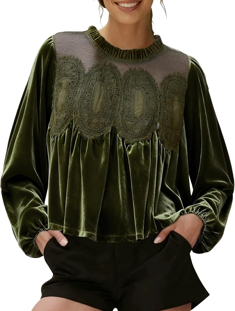 Gozoloma Women's Long Sleeve Velvet Trim Lace Blouse Elegant Flared Swing Top Round Neck Blouse C... | Amazon (US)