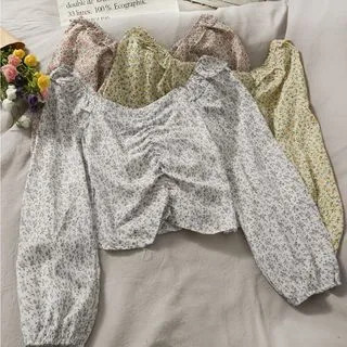 Off-Shoulder Ruched Floral Crop Top in 6 Colors | YesStyle Global