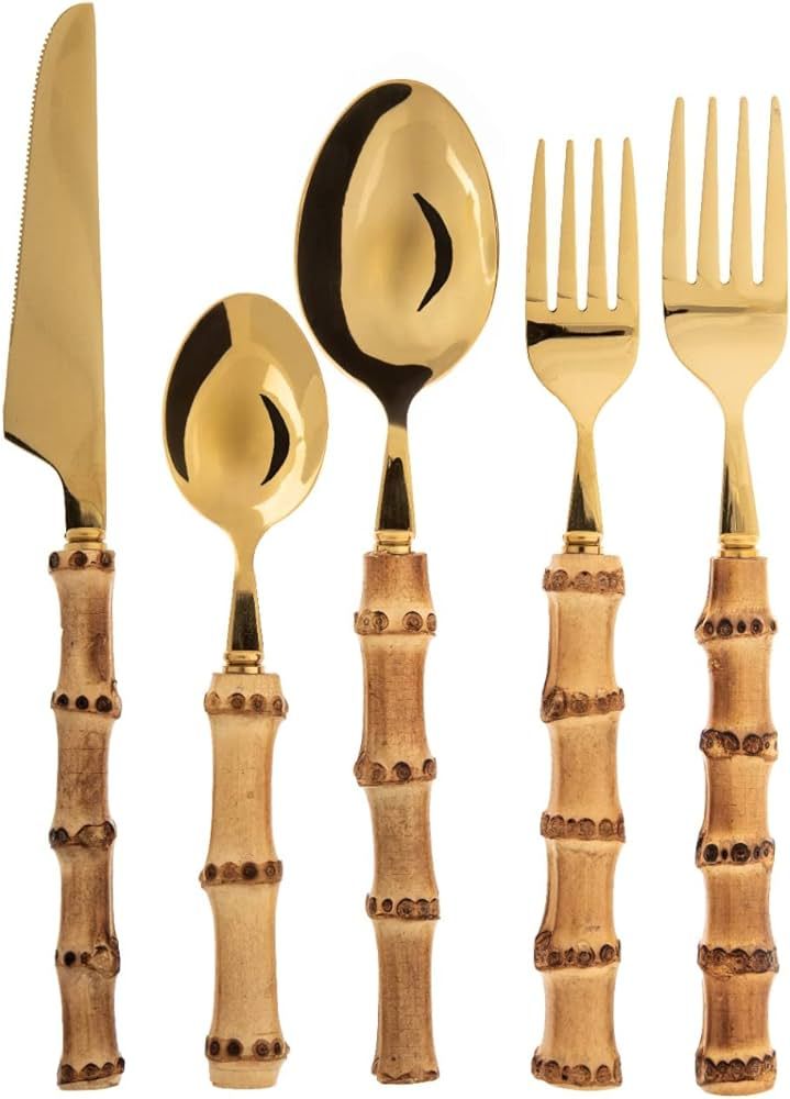 Villa Positano 20-Pieces Bamboo Silverware Set, Natural Gold Bamboo Handle Flatware, Cutlery and ... | Amazon (US)