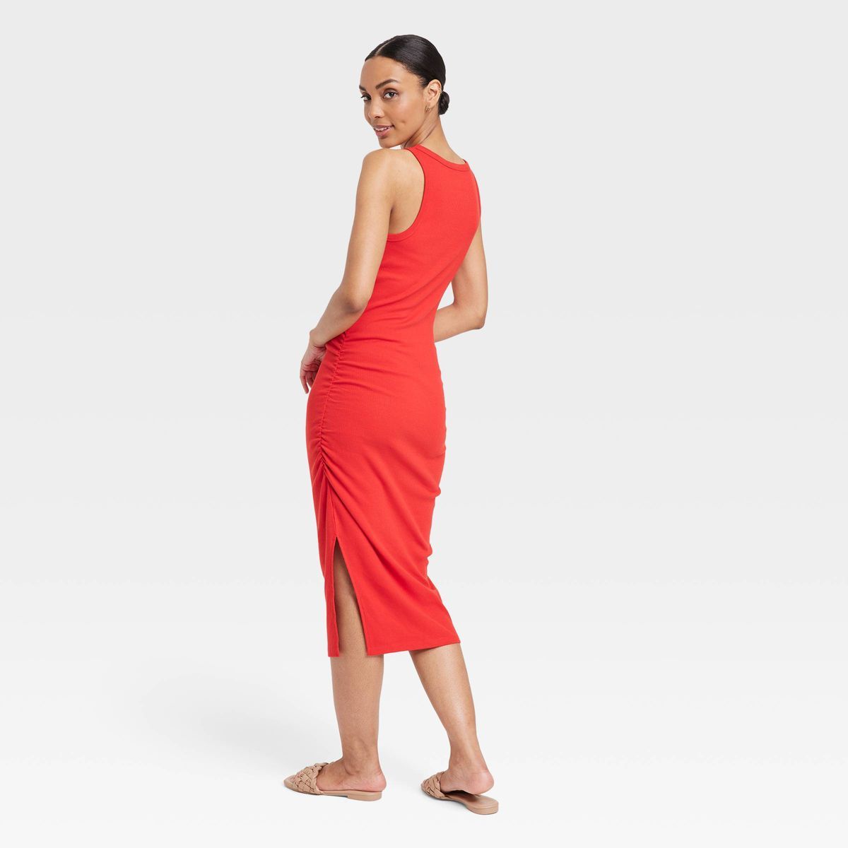 Women's Rib Knit Side Ruched Dress - A New Day™ Red L | Target