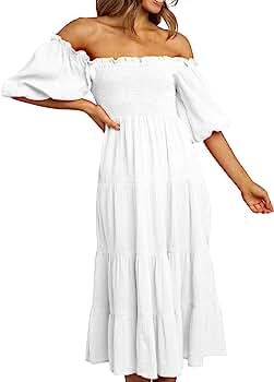 R.Vivimos Women's Summer Linen Lantern Sleeves Ruffled Off Shoulder A-Line Midi Dresses | Amazon (US)