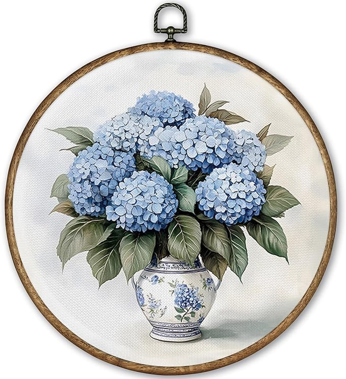 TLESKE Vintage Blue Hydrangea Flowers Round Wall Art Decor, Chinoiserie Spring Floral Framed Canv... | Amazon (US)