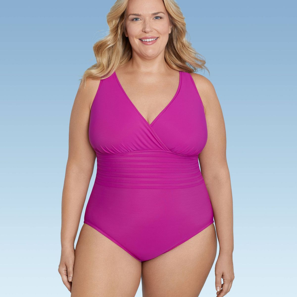 Women's UPF 50 Waist Detail Over the Shoulder One Piece Swimsuit - Aqua Green® Pink 24 | Target