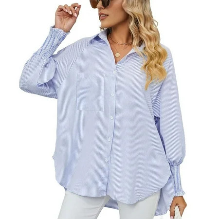 Womens Striped Button Down Shirts Long Sleeve Tunic Tops Blue S | Walmart (US)