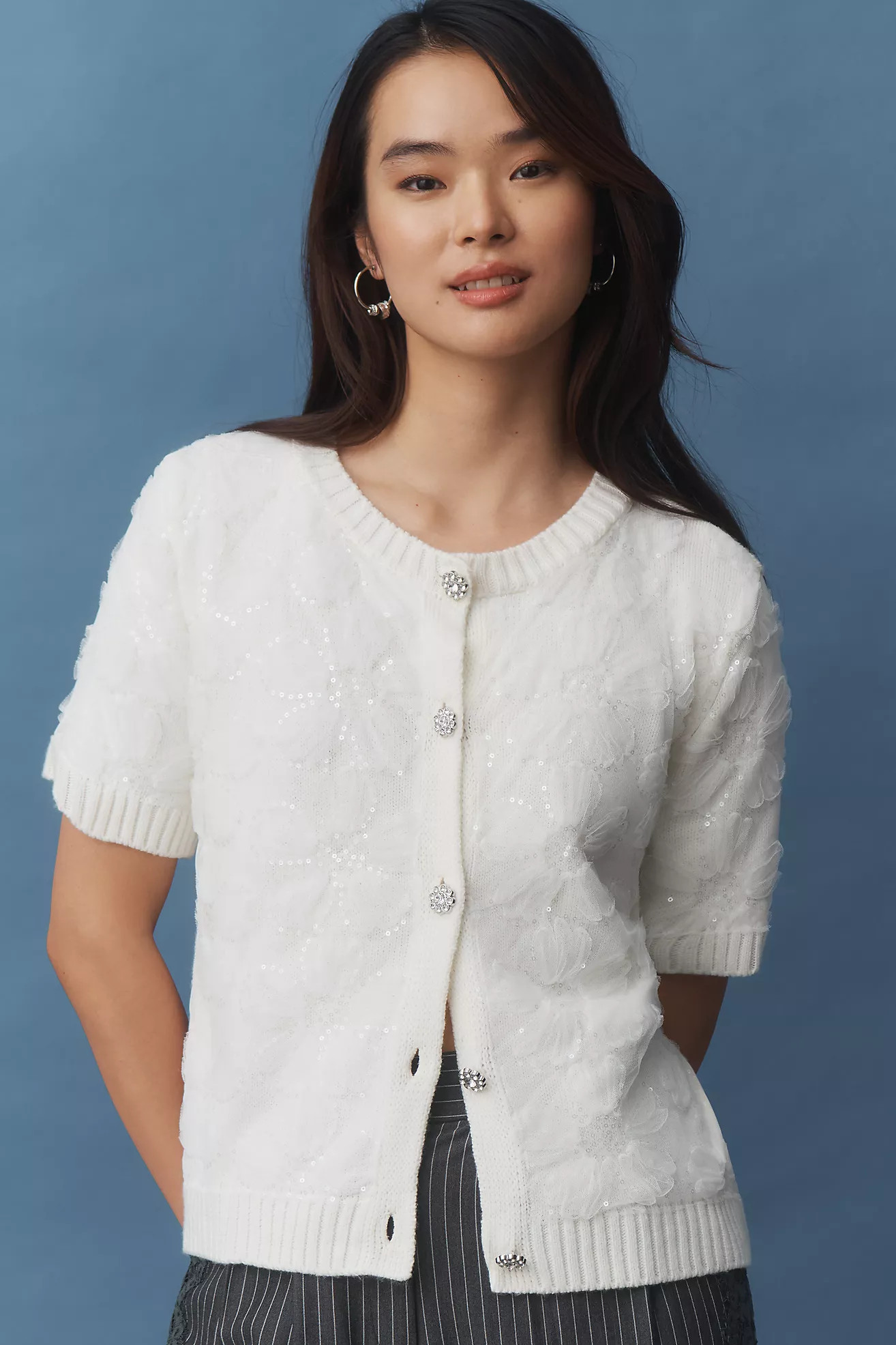 Maeve Short-Sleeve Floral Embellished Cardigan Sweater | Anthropologie (US)