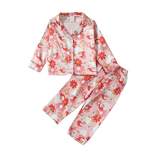 MAINESAKA Toddler Baby Girl Boy Satin Silk Pajamas 2 Piece Long Sleeve Button Down Shirt Elastic Band Flower Sleepwear Pjs (A-Pink, 4-5 Years) | Amazon (US)