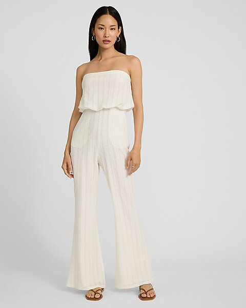 Textured Strapless Flare Leg Jumpsuit | Express