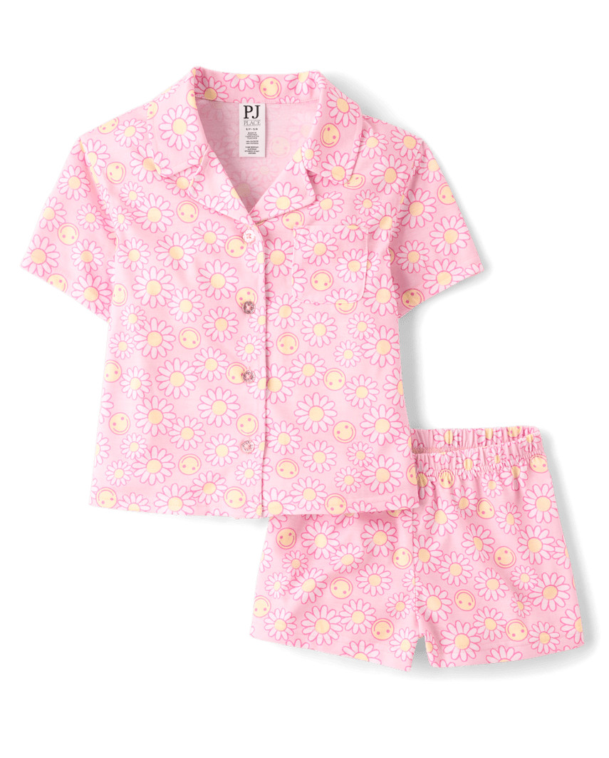 The Children's Place Girls Daisy Button Front Pajamas | Size Medium (7/8) | Pink | The Children's Place