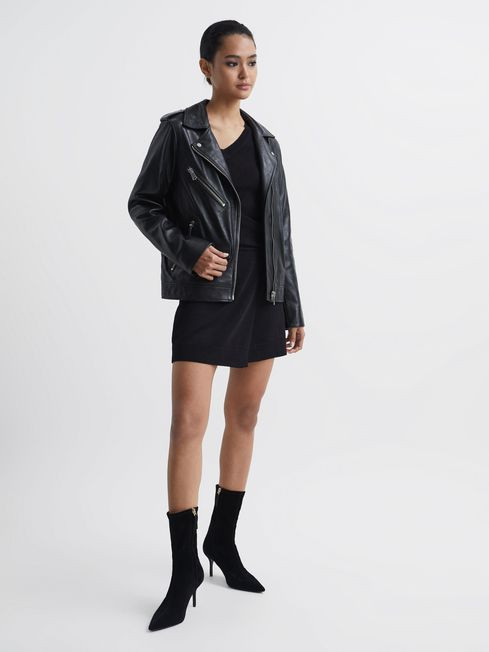 Reiss Black Sutton Oversized Leather Biker Jacket | Reiss UK