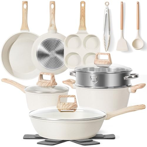 17 Pcs Pots and Pans Set Non stick，Cookware Sets White Granite Induction Cookware, Non-toxic Healthy Non Stick Kitchen Cooking Set with Frying Pans Set, Saucepans (PFAS, PFOA, PFOS Free) White | Amazon (US)