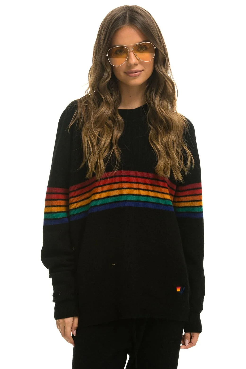 RAINBOW STRIPE 6 UNISEX CASHMERE SWEATER - BLACK | Aviator Nation