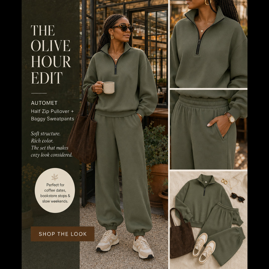 The AUTOMET olive green matching set that makes cozy fall style look completely intentional. 🍂💚

This AUTOMET half-zip pullover and baggy sweatpants set is the easy Amazon outfit you’ll reach for when you want maximum comfort without looking underdressed. 

The oversized half-zip sweatshirt gives it that relaxed, elevated feel, while the high-waisted sweatpants feature a loose fit, elastic cuffs, and pockets for effortless everyday wear.

The rich olive green color is the ultimate fall neutral—polished, flattering, and easy to pair with cream, camel, chocolate brown, black, and denim. 

Style this two-piece sweatsuit with neutral sneakers, gold jewelry, tortoiseshell sunglasses, and a suede tote for a cozy coffee-date outfit that still looks completely put together.

Perfect for fall travel outfits, airport days, bookstore trips, coffee runs, farmers markets, errands, school drop-off, working from home, lounging, and slow weekend plans. 

Wear the matching set together for an easy monochromatic look, or style the half-zip pullover and sweatpants separately with leggings, denim, tanks, and basic tees.

This is the comfortable AUTOMET fall set that solves the “what do I wear?” problem in seconds—and olive green is the color everyone will want once cozy season starts.

📌 SAVE this elevated olive fall outfit before your size sells out!

Everything is linked! ↓

#LTKActive #LTKSaleAlert #LTKTravel