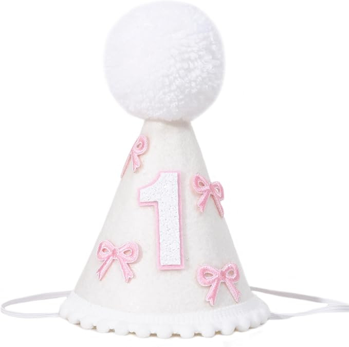 Bow 1st Birthday Party Hat - Girls Cake Smash Photo Props, Pink Bow and White Cone Hat for First ... | Amazon (US)