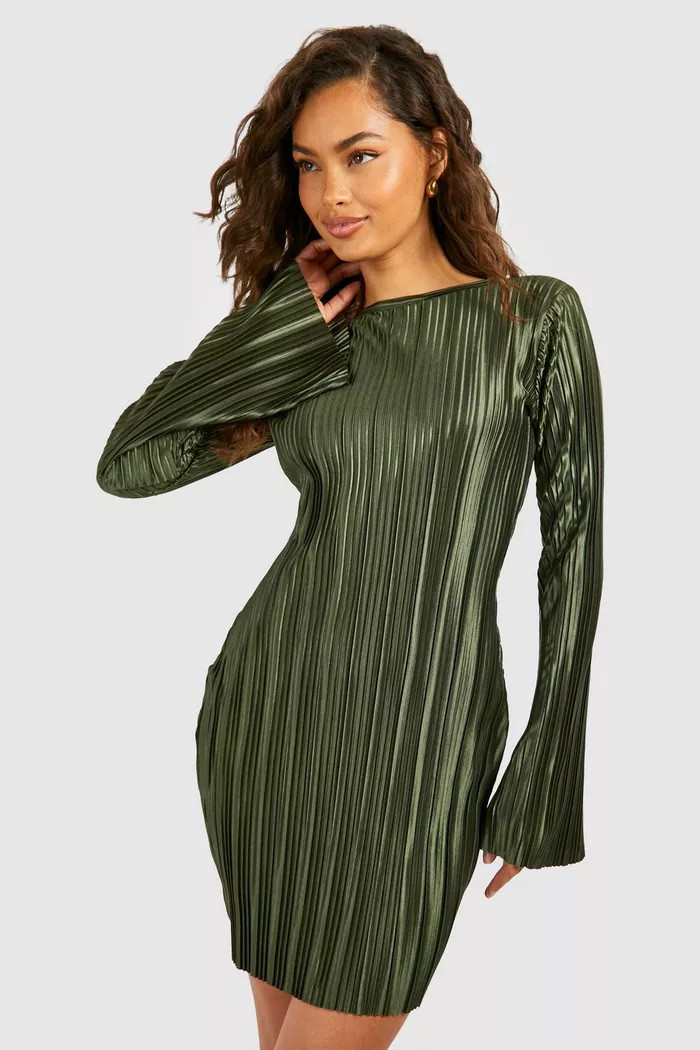 Flare Sleeve Plisse Shift Mini Dress | boohoo (US & Canada)