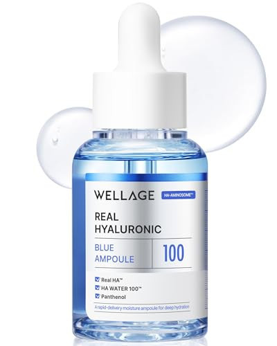 WELLAGE Real Hyaluronic Blue Ampoule 100, Korean Skincare, Fragrance Free Hyaluronic Acid Serum with Panthenol, Wild yam, Centella for Sensitive Dry Skin Moisturizer 1.01 fl.oz | Amazon (US)