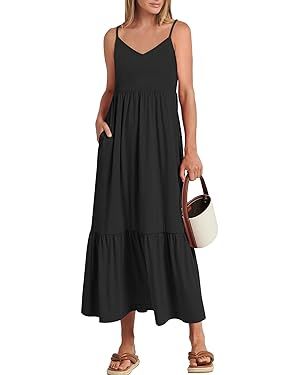 ANRABESS Women's 2024 Summer Dress Casual V Neck Spaghetti Strap Swing Dresses Flowy Beach Vacati... | Amazon (US)