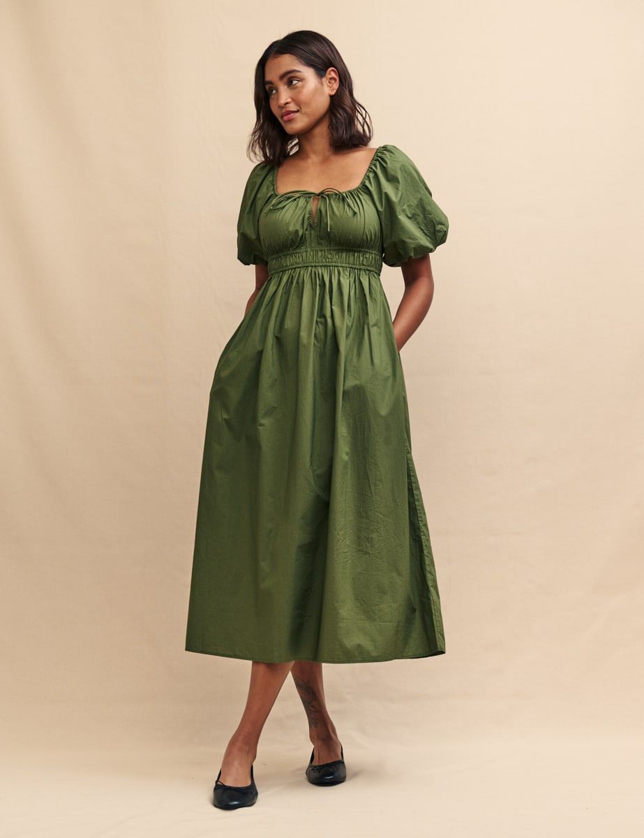 Forest Green Puff Sleeve Evelyn Midi Dress | Nobody's Child