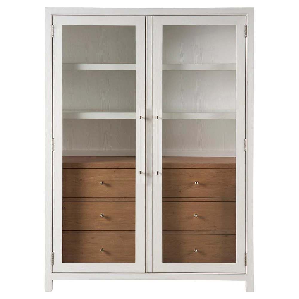 Camilla Coastal Beach White Oak Glass Door Display Cabinet | Kathy Kuo Home