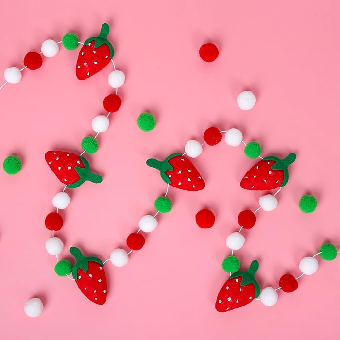 JarThenaAMCS 8.2Ft Strawberry Garland Party Decorations 3D Felt Red Sweet Fruit Pom Ball Hanging ... | Amazon (US)