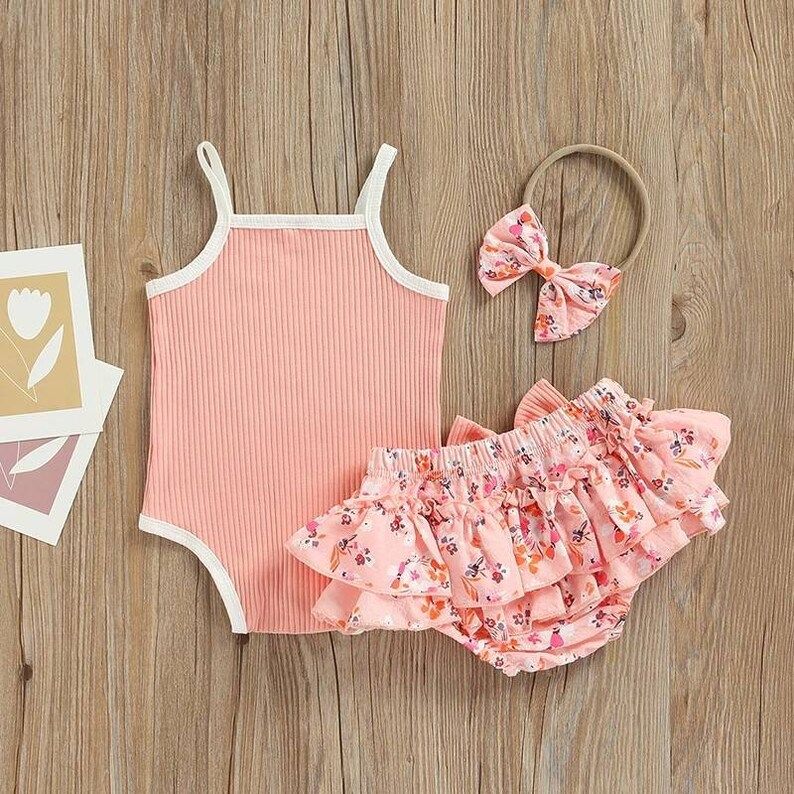 3pcs Infant Baby Girls Cute Clothes Sets 0-18M Strap Sleeveless Solid Romper+Ruffles Floral Short... | Etsy (US)
