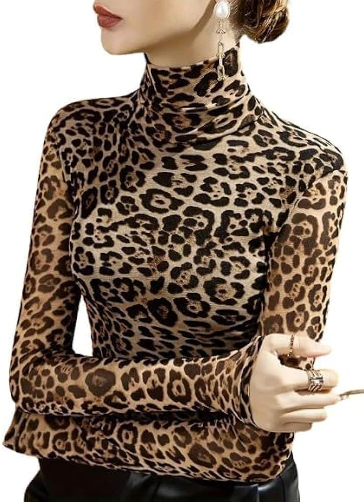 WDIRARA Women's Leopard Print See Through Mock Turtle Neck Long Sleeve T-Shirt Casual Slim Fit To... | Amazon (US)